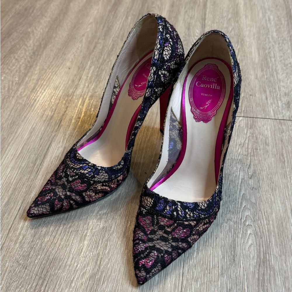 Rene Caovilla Black and Pink Lace Heels